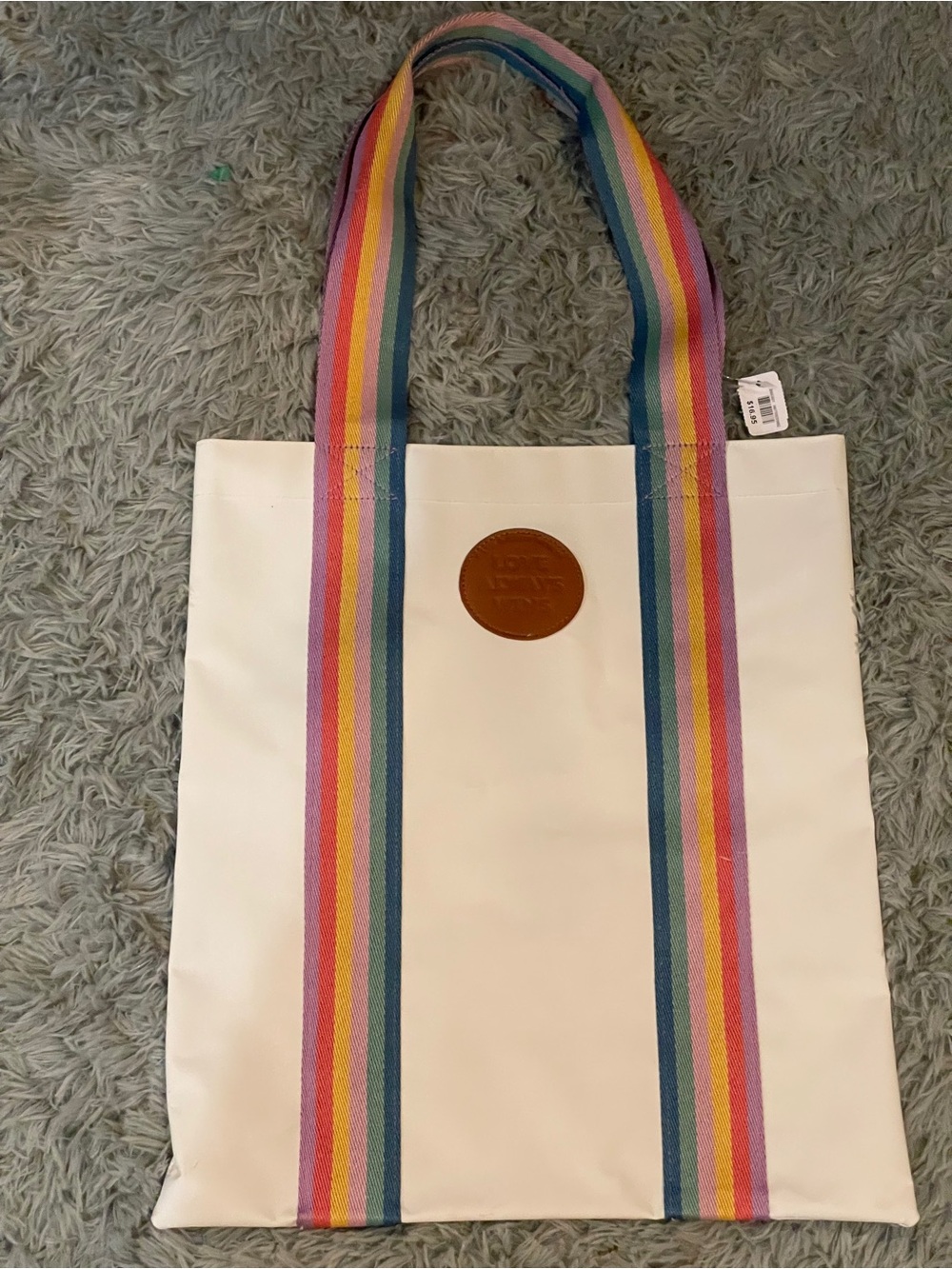 Trader Joe’s White Tote with Rainbow Stripe Handles and Leather Logo Patch NWT